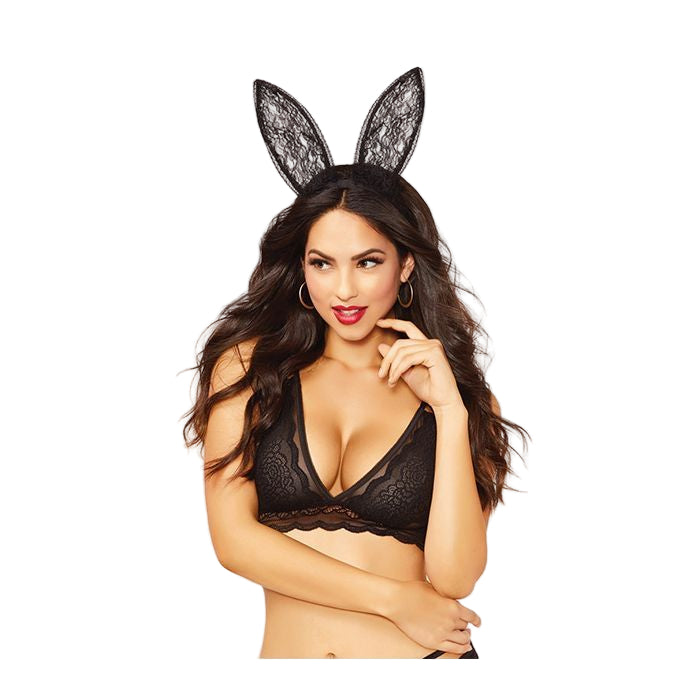 Woman in black lingerie wearing lace bunny ears headband highlighting the height and lace detail