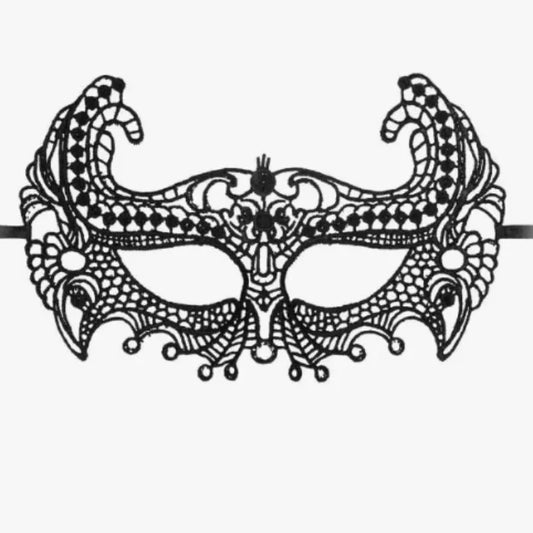 Black lace Empress masquerade mask with Venetian design and ribbon ties