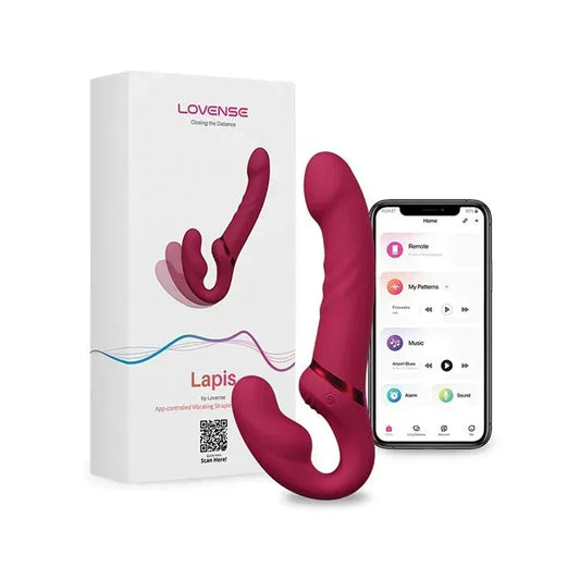 Lovense Lapis app-controlled vibrating strapless strap-on with dual ends and flexible neck