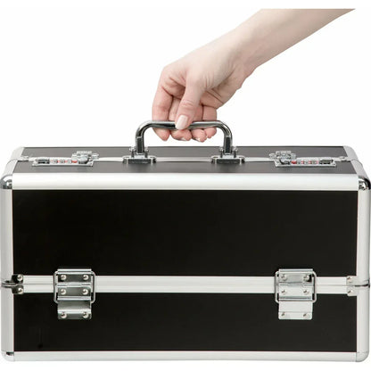 Large lockable vibrator case specifications showing 15-inch length, 8-inch width, 7-inch height dimensions and metal ABS plastic construction