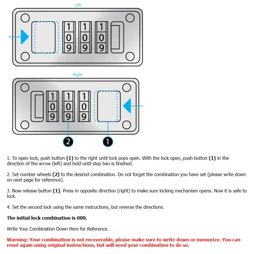 Keyless combination lock instructions for large vibrator storage case showing how to set and reset 3-digit security code