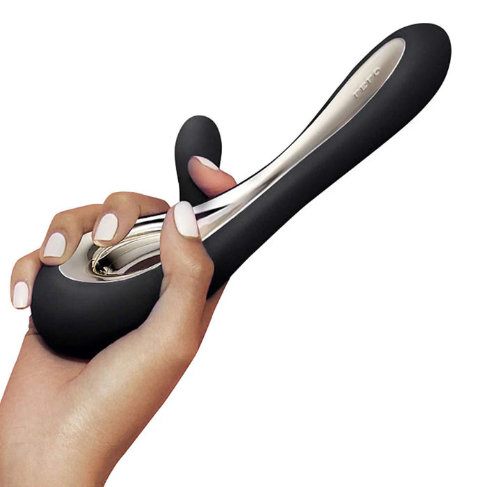 ELO Soraya 2 black rabbit vibrator held in hand showing looped handle and ergonomic design
