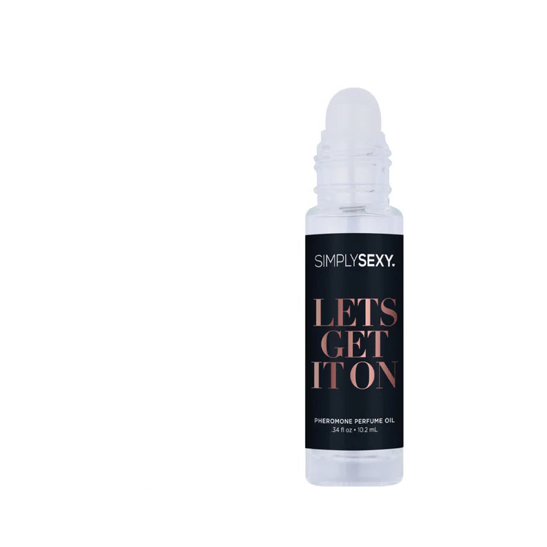 Simply Sexy Afternoon Delight roll-on pheromone perfume black bottle with gold lettering, gold cap removed revealing rollerball applicator