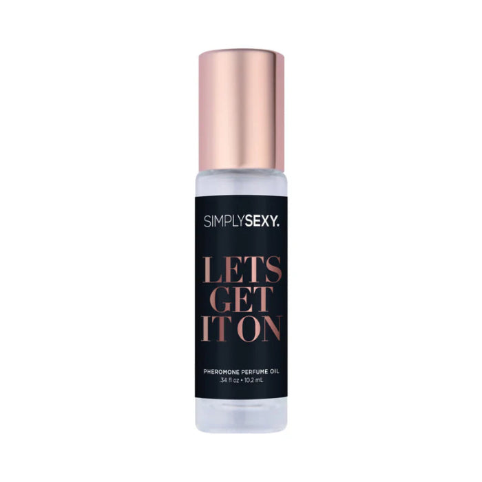 Simply Sexy Afternoon Delight roll-on pheromone perfume with sleek black glass bottle, gold lettering on label, and matching gold cap