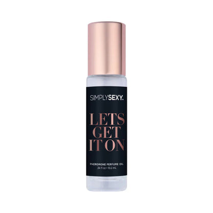 Simply Sexy Afternoon Delight roll-on pheromone perfume with sleek black glass bottle, gold lettering on label, and matching gold cap