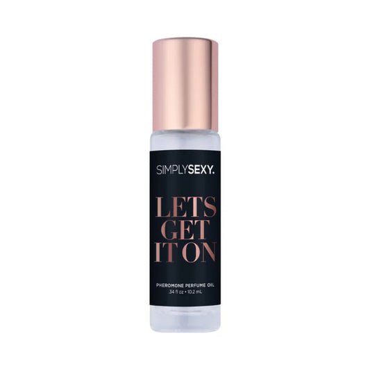 Simply Sexy Afternoon Delight roll-on pheromone perfume with sleek black glass bottle, gold lettering on label, and matching gold cap