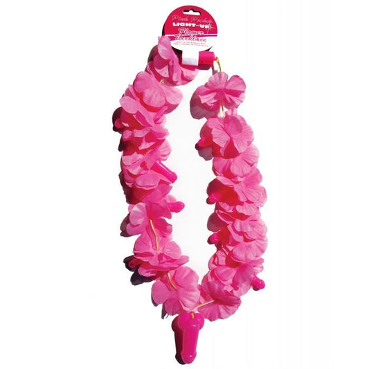 Pink flower necklace with flashing light-up pecker decorations, including 2 LR44 batteries, perfect for bachelorette parties and fun celebrations