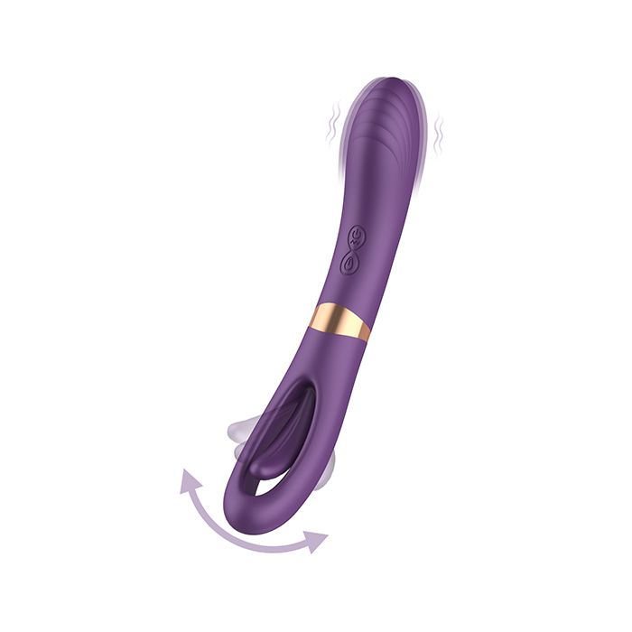 A purple, double-sided vibrator with a gently curved ribbed shaft on one end and a flicker finger on the other, featuring a rose gold-finished ABS accent.