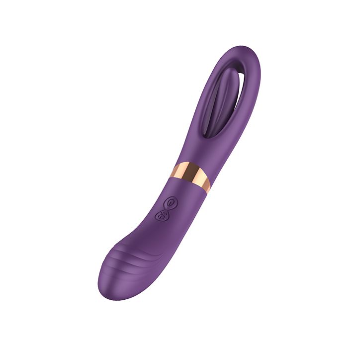 Closeup of Flicking purple vibrator with a double-sided design, one end curved and ribbed, and the other end has a tapping finger