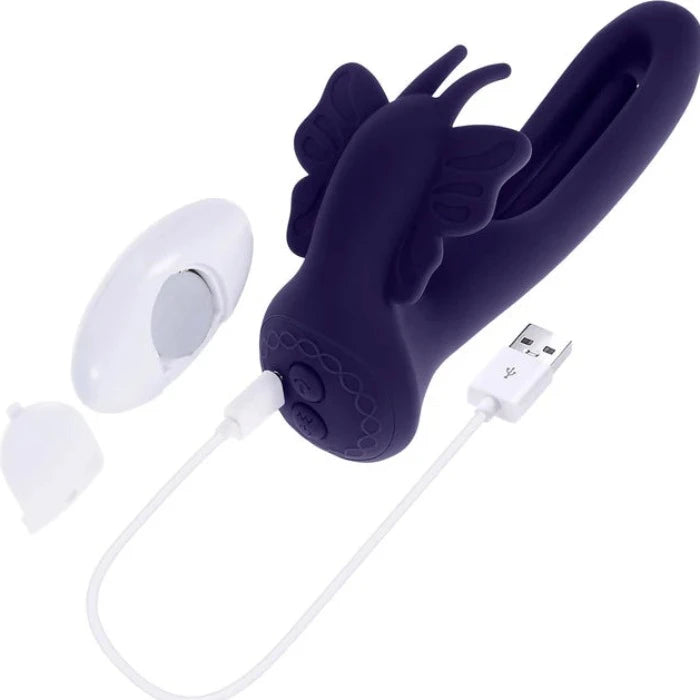 Remote-controlled multi-speed vibrator for couples or solo play, shown with USB charging cable