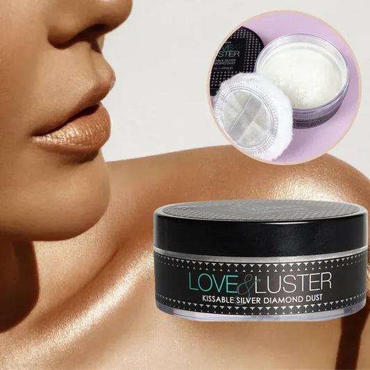 Love & Luster Kissable Silver Diamond Dust packaging and puff displayed upright in top right corner while showing the sparkle on a woman's shoulder