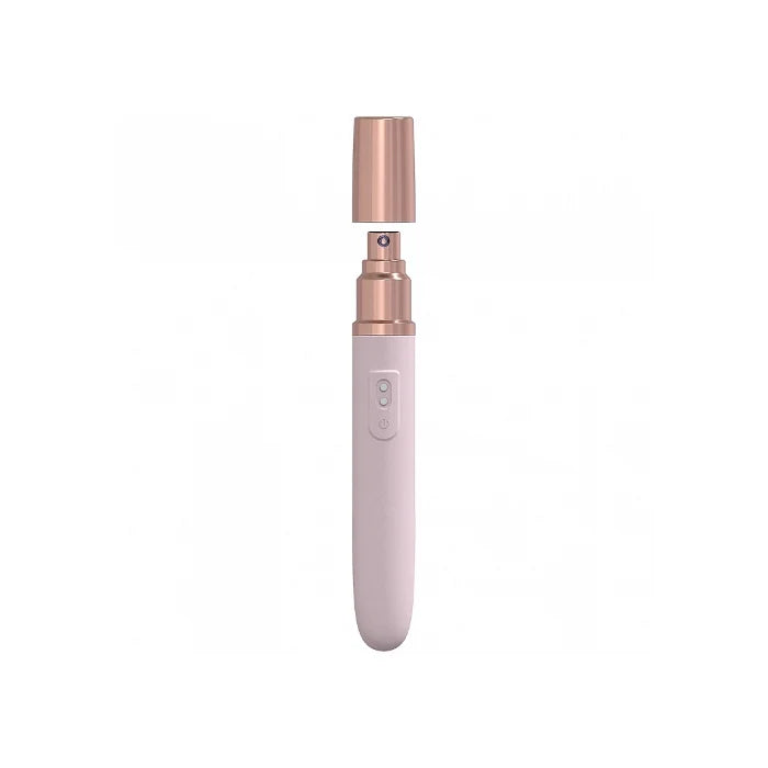 Pink LoveLine The Traveler mini vibrator with cap removed showing built-in lubricant pump dispenser