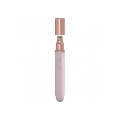 Pink LoveLine The Traveler mini vibrator with cap removed showing built-in lubricant pump dispenser