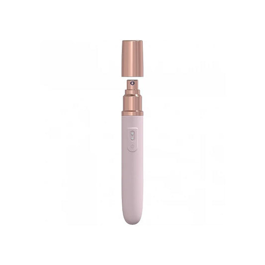Pink LoveLine The Traveler mini vibrator with cap removed showing built-in lubricant pump dispenser