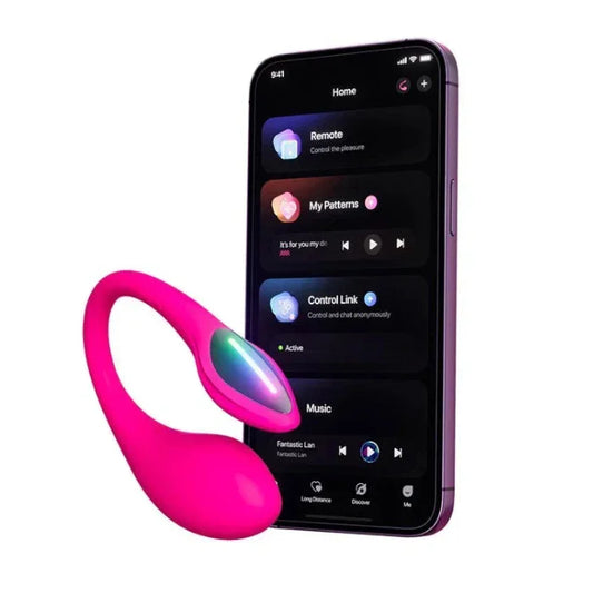Lovense Lush Mini Bluetooth G-Spot Vibrator displayed next to smartphone showing active Lovense Remote app on screen, demonstrating seamless Bluetooth connectivity and remote control feature