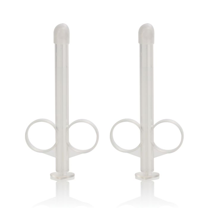 Pair of compact and reusable Lube Tubes designed for exact lubricant dosing, featuring rounded tip and precision plunger on white background