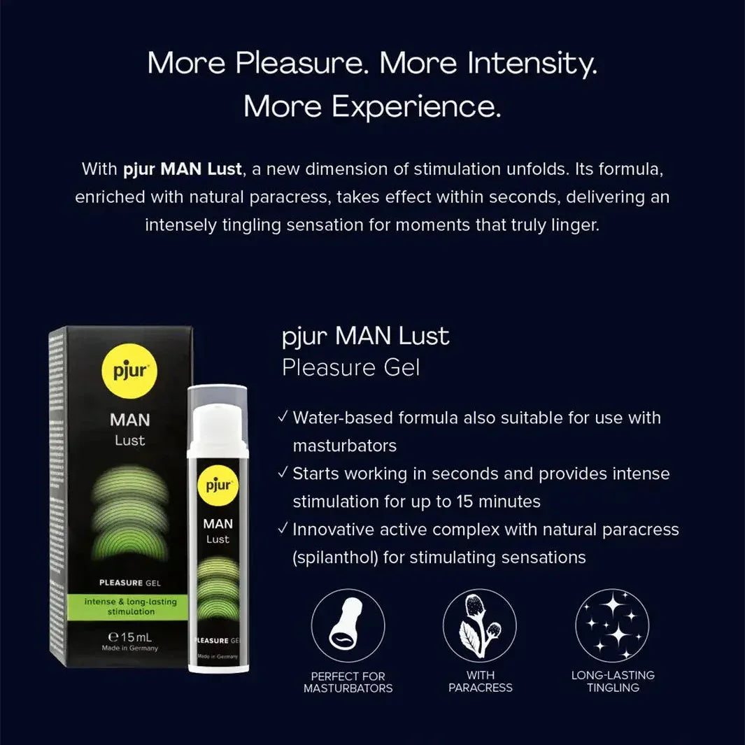 Pjur Man Lust Pleasure Gel product features - water-based, natural paracress formula, intense stimulation for up to 15 minutes