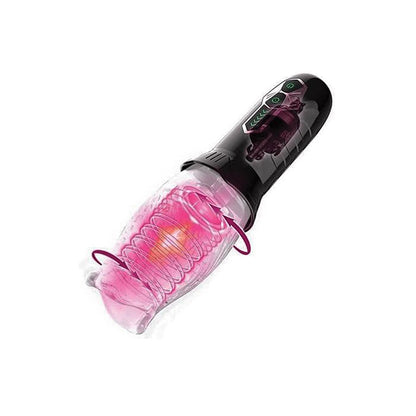 Male Rose rechargeable vibrating and rotating masturbator showing pink tornado function
