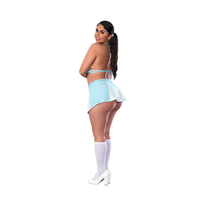 Back view of model showcasing the open back of the lace bralette and flirty skirt in the Dress Up Head Cheerleader Costume.
