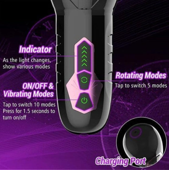 The Male Rose Male Masturbator front view showing ergonomic handle, control buttons for 5 rotation speeds and 10 vibration modes, and USB-C charging port