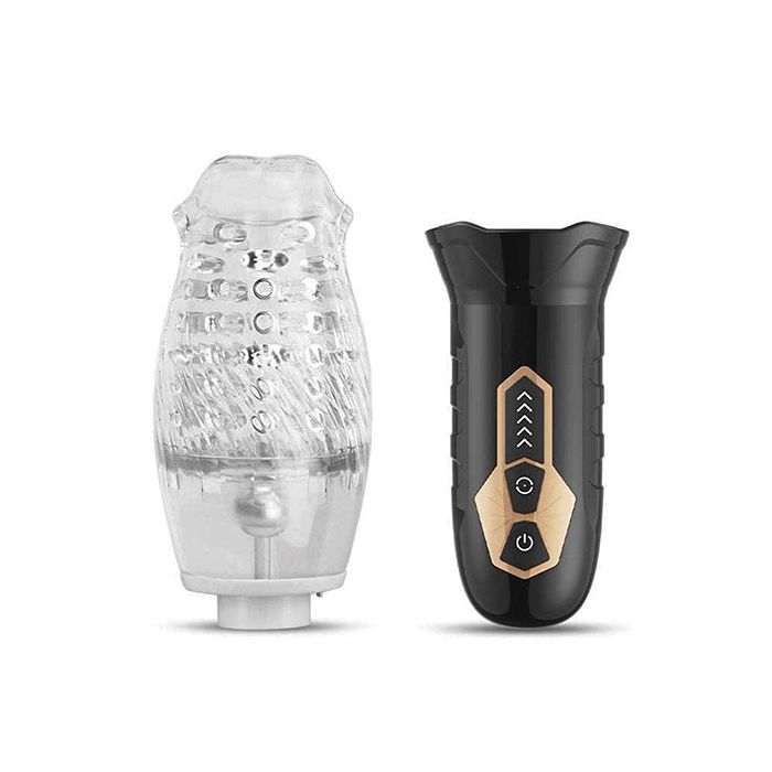 Close-up of Male Rose Gawk Gawk 3000 splashproof removable sleeve and base; whisper-quiet rotating male masturbator with vibration modes