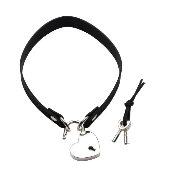 Lock-It Heart Choker with opened heart padlock and set of keys beside it on white background.