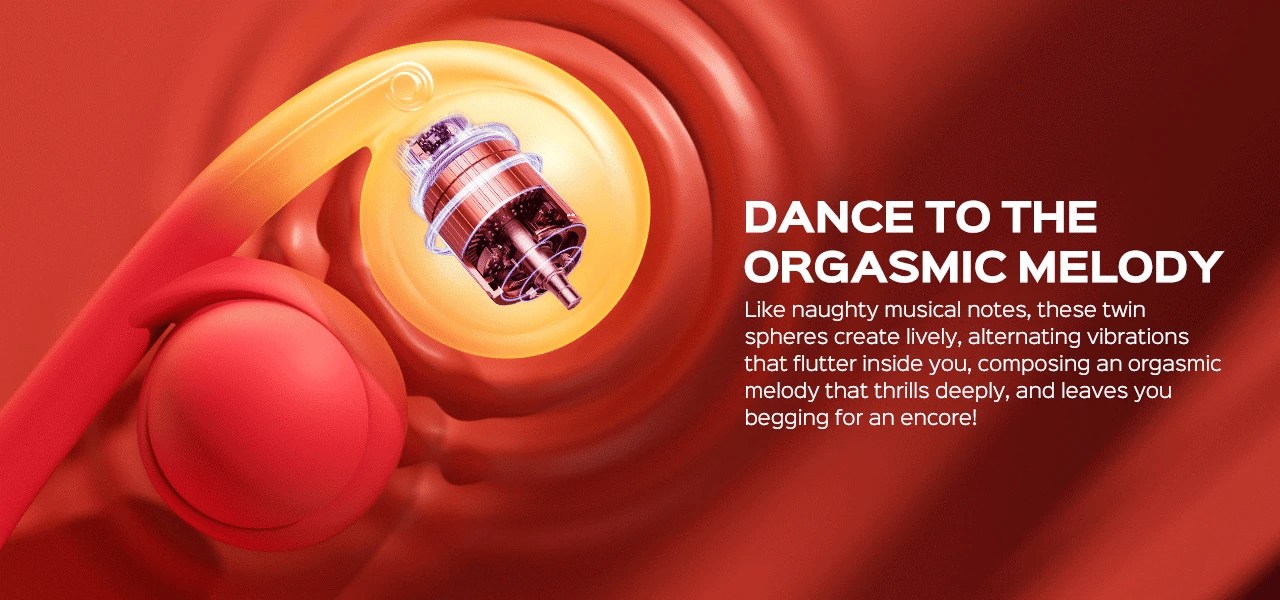 Close-up of Melody's twin-ball design with alternating vibration spheres and contoured clit arm for blended orgasms.