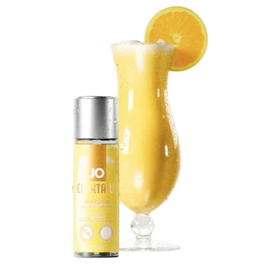 2 fl oz bottle of limited edition Mimosa Flavored Lubricant by Jo System with a mimosa cocktail on white background