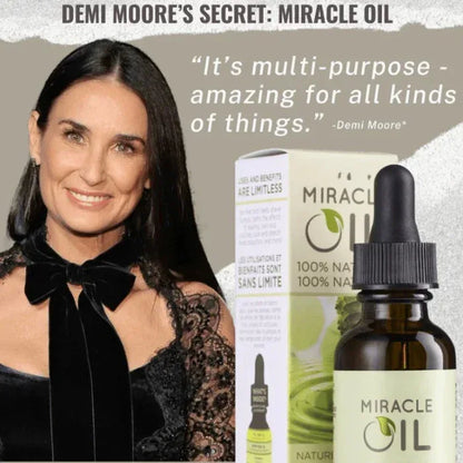 Woman next to Miracle Oil product display with bottle and box, alongside quote about multi‑purpose natural soothing oil.