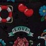 Detailed view of tattoo pattern on Old School Printed Handcuffs, featuring classic ink roses, anchors, and swallows.