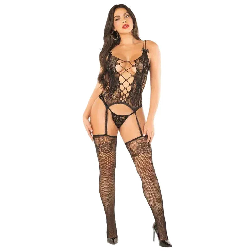 Garter belt with removable garters and lace accents and matching panty with lace detailing