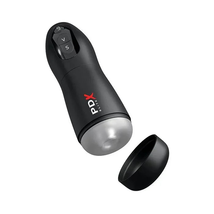 PDX Elite Suck-O-Matic vibrating stroker with the protective cap removed and positioned beside the device, showcasing the textured inner sleeve and suction opening
