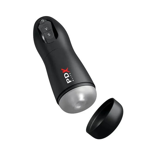 PDX Elite Suck-O-Matic vibrating stroker with the protective cap removed and positioned beside the device, showcasing the textured inner sleeve and suction opening