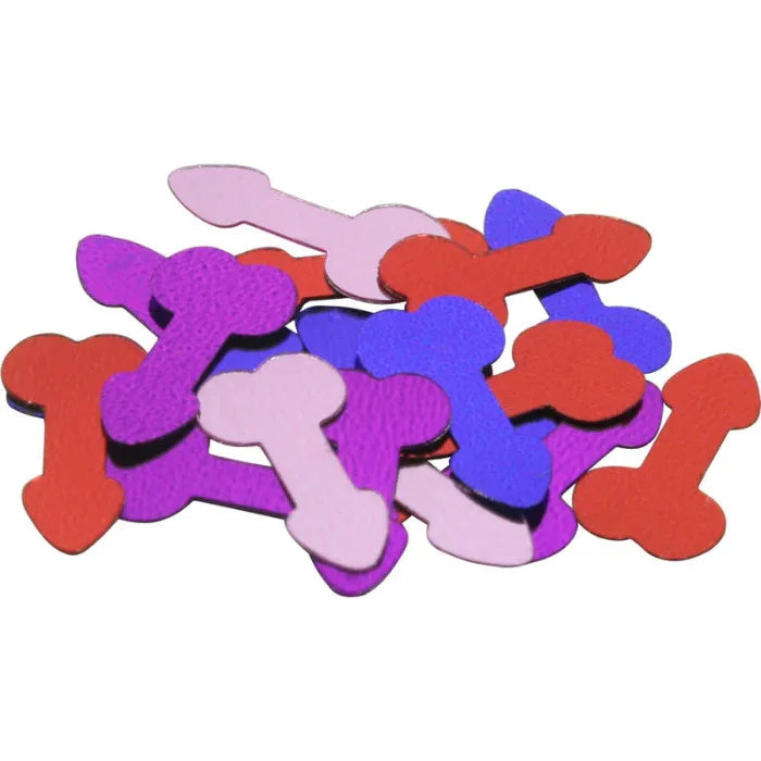 Colorful penis-shaped confetti for girls night and bachelorette party decorations on a white background
