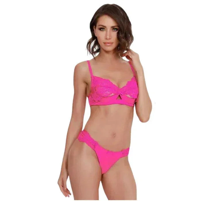 Hot pink peekaboo bra with underwire support and matching thong, front view - Pure Romance, sizes L-XL