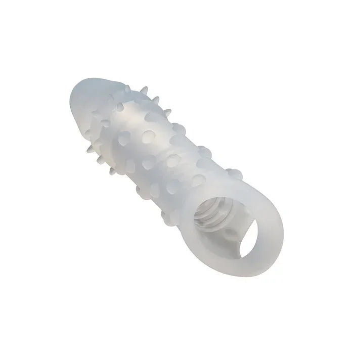 Close-up of ultra-soft silicone Textured Penis Extender with scrotum strap by CalExotics