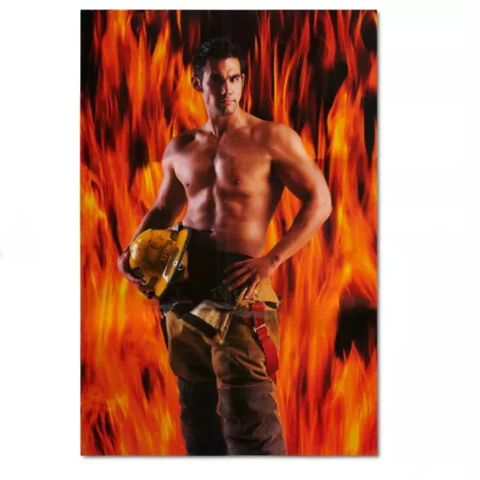 Man in firefighter uniform holding a helmet against a fiery background