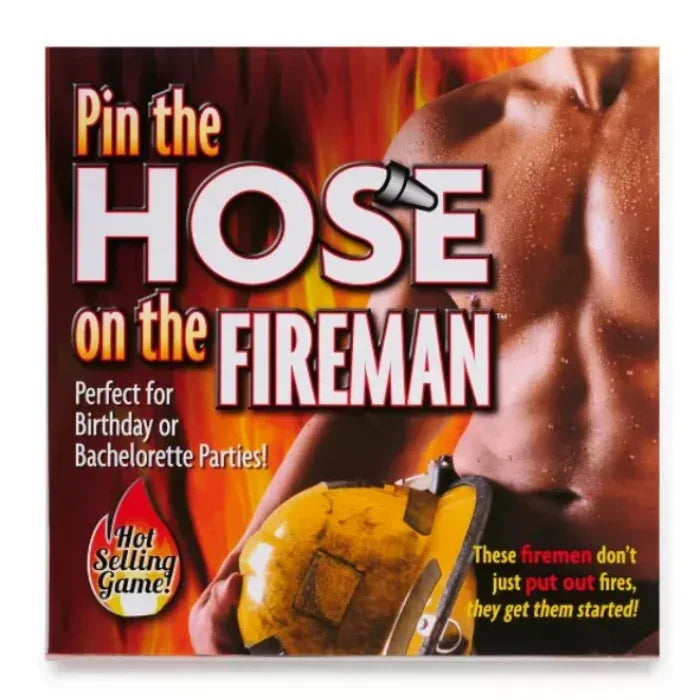 Product packaging for 'Pin the Hose on the Fireman' game with a fireman holding a hose.