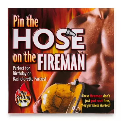 Product packaging for 'Pin the Hose on the Fireman' game with a fireman holding a hose.