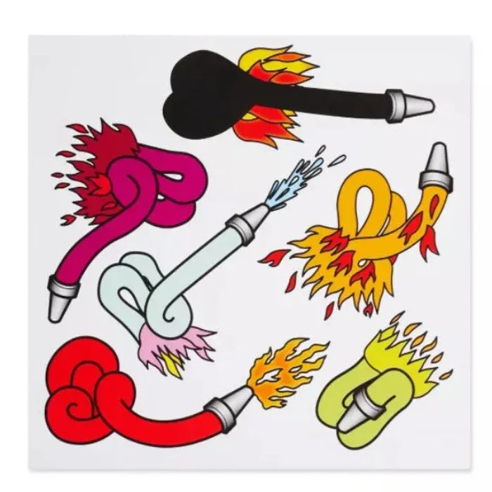 Colorful illustration of various hoses with flames and water jets on a white background