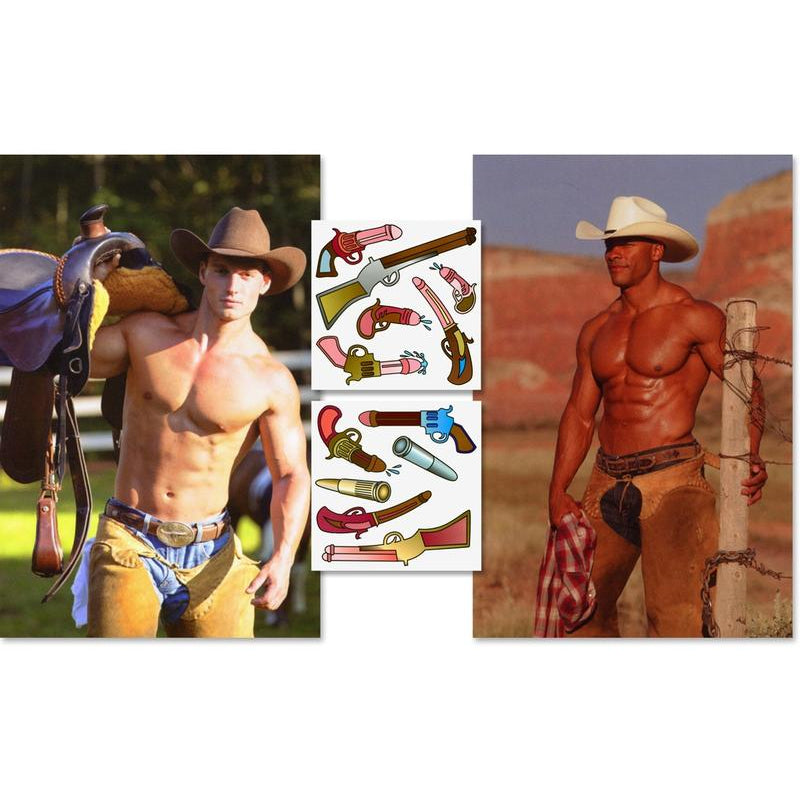Pin the Pistol on the Cowboy game contents including poster, pistol stickers and blindfold