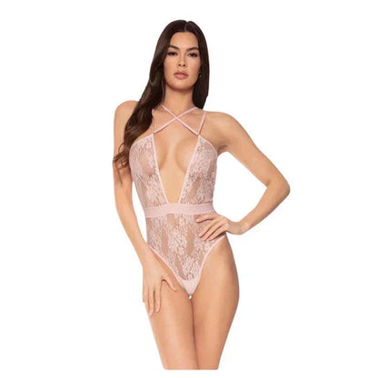 Strappy detail front of Pink Champagne low plunge Teddy from Pure Romance