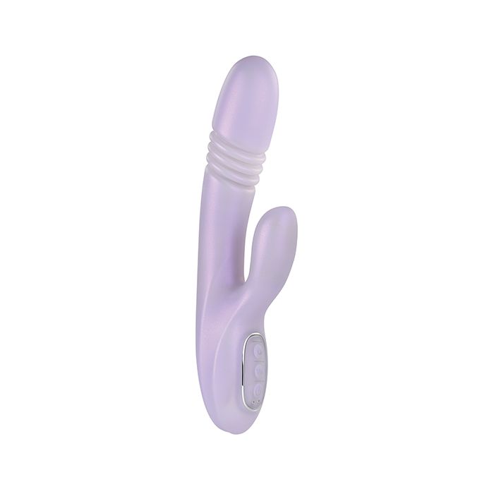 Front view of heated Playboy Bumping Bunny rabbit vibrator made from body-safe silicone on white background.