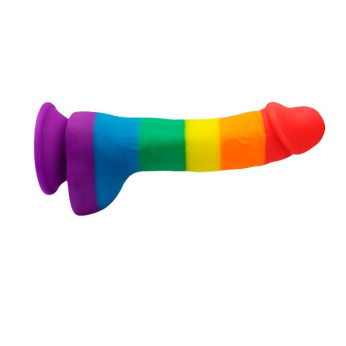 A vibrant rainbow silicone dildo with suction cup base and textured shaft for playful pleasure