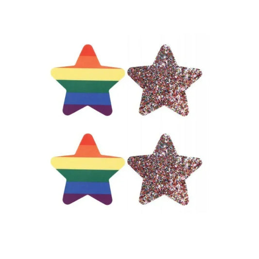 Set of 4 rainbow-colored and glitter star pasties, perfect for body and face decoration at pride events and festivals.