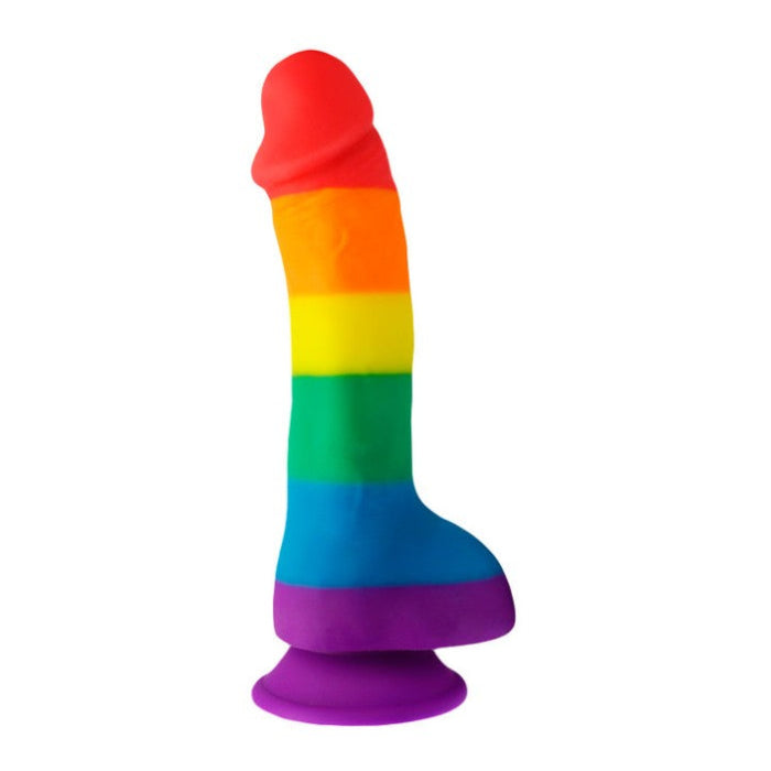 Rainbow silicone dildo with suction cup base, Pride-themed colorful adult toy