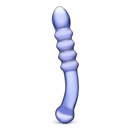 Vertical view of the non-porous borosilicate Purple Rain Ribbed Glass Dildo