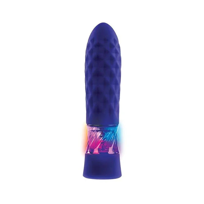 Evolved Raver body-safe silicone textured bullet vibrator glowing in purple, pink and blue