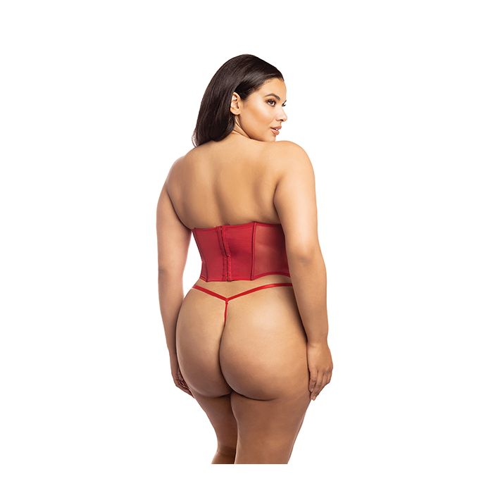 Model showing back view of the red velvet bustier costume in size 1x/2x, highlighting adjustable closure, marabou accents, and cheeky G-string for festive roleplay allure.