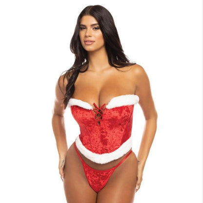 Model wearing size SM/M or L/XL vibrant red velvet bustier costume with marabou trim, lace-up front, and matching G-string, embodying playful holiday roleplay style. 